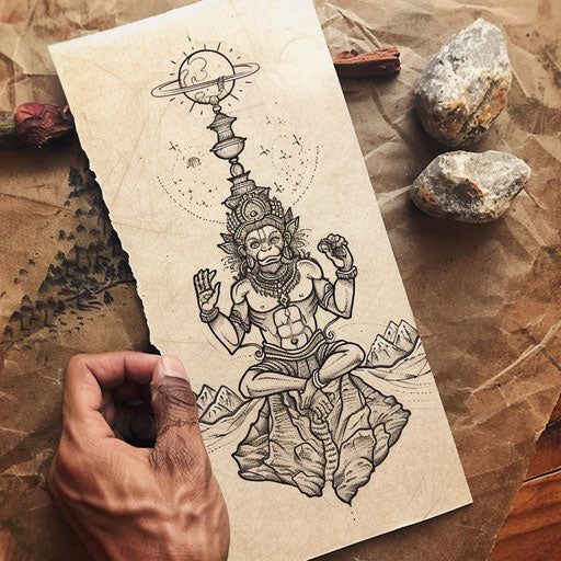 Tattooed sketch of Hanuman lifting a celestial mountain