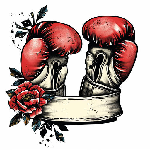 Illustration of a traditional boxing gloves tattoo, with a blank banner, in reds and blacks, on a white background.