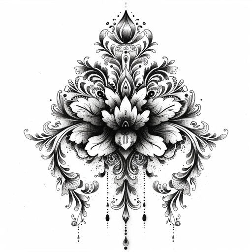 Baroque Tattoo Sketch of Summer Henna Designs with Ornate Details and Classic Flourishes