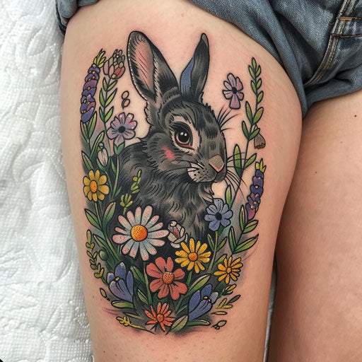 Black rabbit in colorful wildflower field