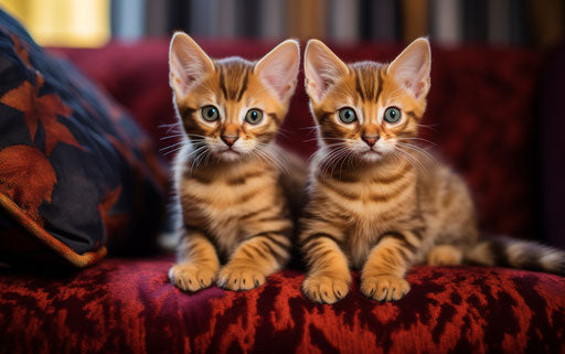 Two Bengal kittens sitting on a couch, light maroon and dark gold style