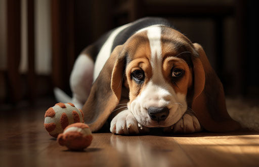 Dog playing with bone toy, dark yellow and dark white
