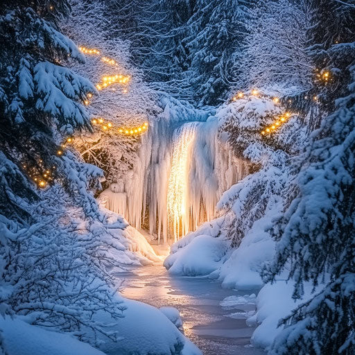 Frozen waterfall surrounded by icicles and snow-covered trees
