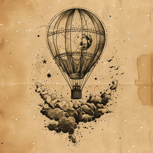 Flat tattoo sketch of a vintage hot air balloon rising into a dreamy sky