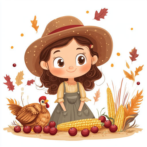 Young girl with hat, turkey, corn, and cranberries