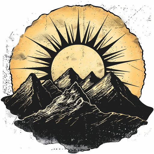 Clipart style tattoo sketch of a rising sun with a silhouette of mountains in the foreground