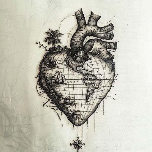 Black heart with detailed map and travel motifs