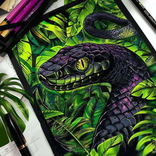 Vibrant tattoo sketch of a black mamba in tropical jungle