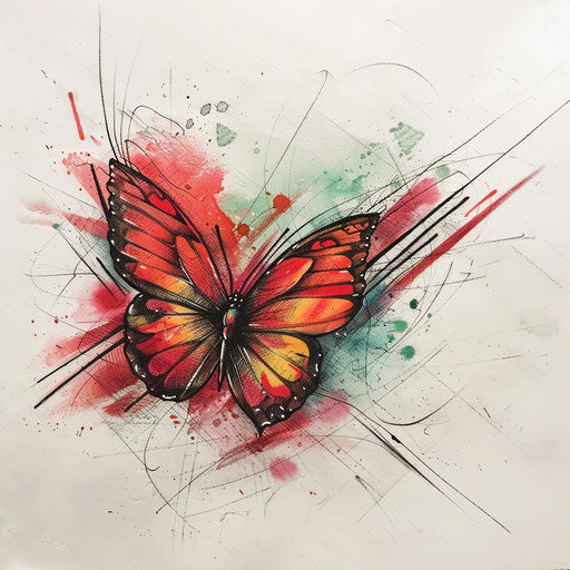 Elegant sketch of a red butterfly with soft pastel shades and abstract background