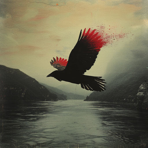 Black bird with red wings soaring above a river
