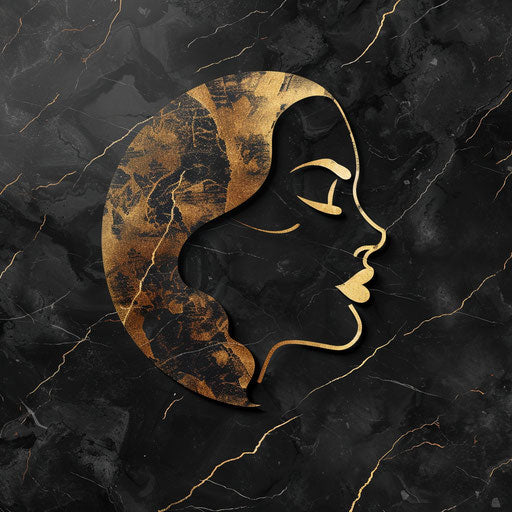Luxury beauty logo with gold foil design and black marble background