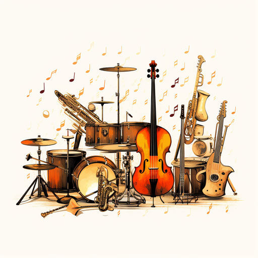 Musical instruments clipart in the style of Chiaroscuro Art, on a white background
