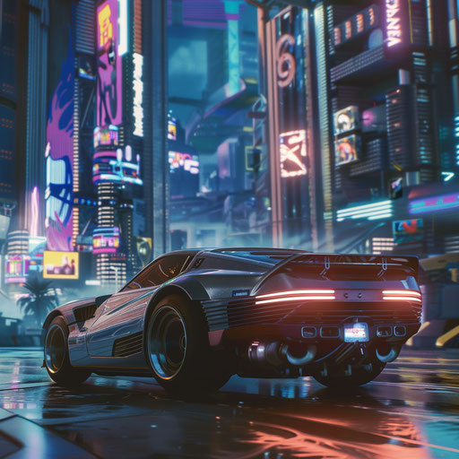 Futuristic Shelby Daytona with neon underglow, speeding through a neon-lit city
