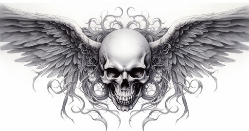Skull with wings, wings tattoo, monochromatic graphic design style