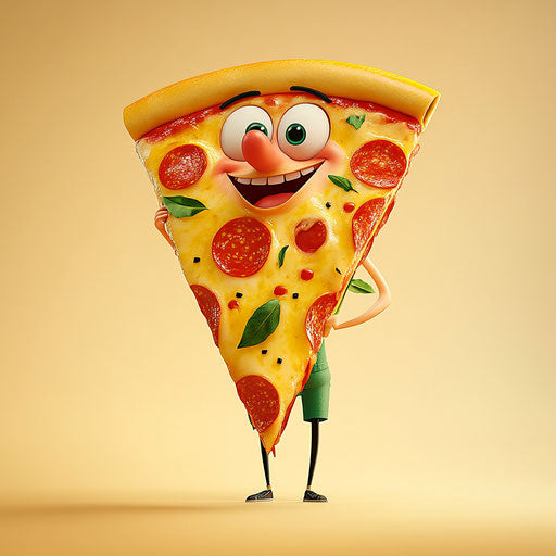 Humorous caricature of a pizza slice with human characteristics