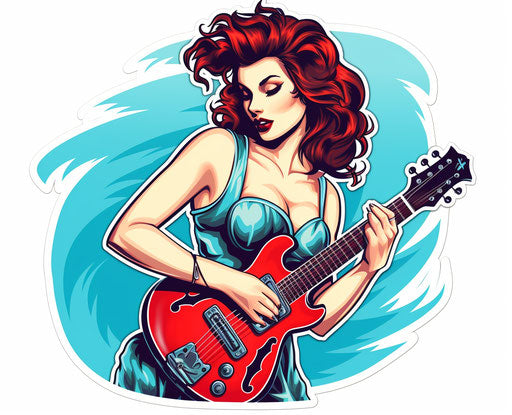 Blue electric guitar sticker with a girl, glamorous pin-up style, light red and turquoise