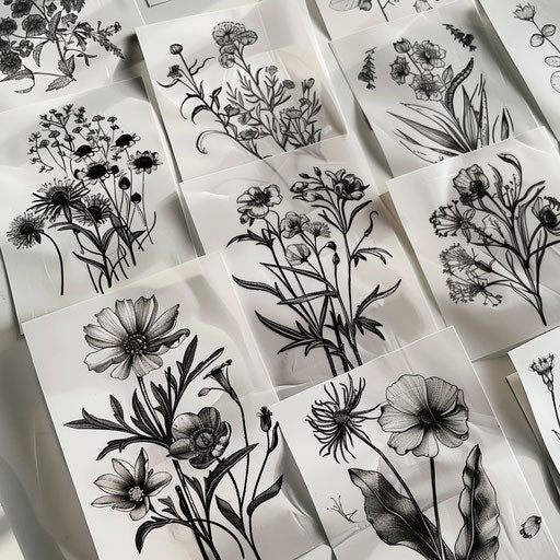 Collection of wildflower tattoos in black and grey on white