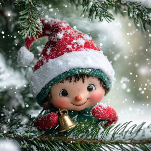A cheeky Christmas elf peeking out from snowy pine tree