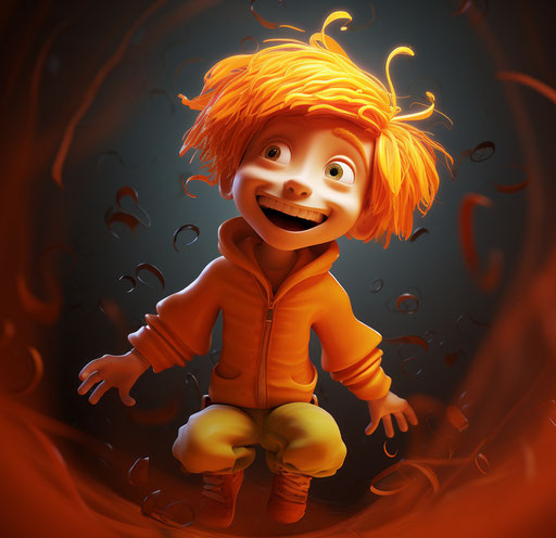 Cartoon character to smile, dark orange and yellow style, playful, youthful images