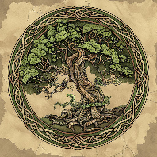 Intricate tattoo sketch of the World Tree Yggdrasil with Thor