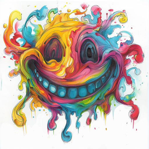 Psychedelic smiley face tattoo artwork, swirling colors, on a white backdrop