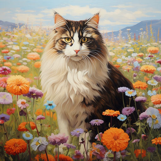 Norwegian forest cat in a field of flowers