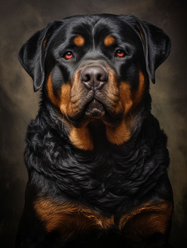 Dazzling chiaroscuro with happy hunting rottweiler