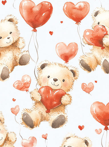 Teddy bear surrounded by heart-shaped balloons