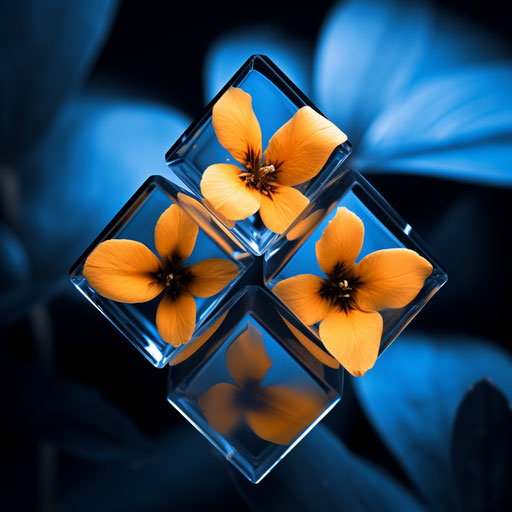 Three blue flowers in a square icon, in the style of angenieux 45-90mm f/2.8, blue and amber