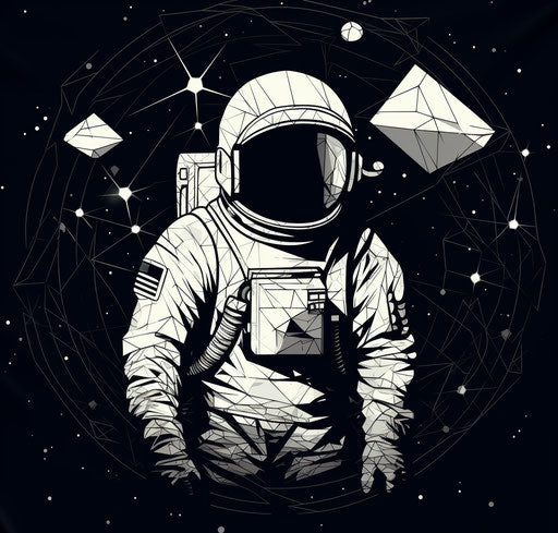 Astronaut in outer space, geometric style, black stripes
