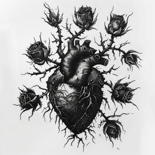 Black heart surrounded by dark thorny roses tattoo sketch