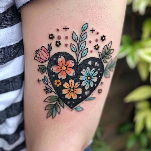 Black heart with soft pastel floral accents