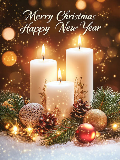 Three white candles, Christmas decorations, red and gold color scheme, beautiful background, Christmas lights, golden glow