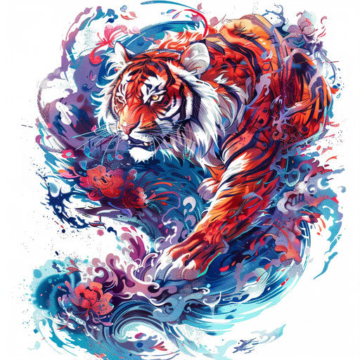 Bold anime tiger leaping with intricate tattoo art