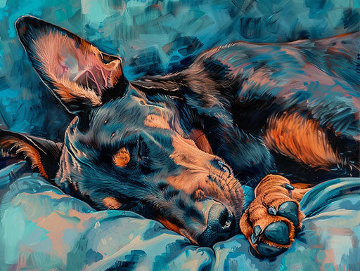 The doberman puppy sleeping on the bed, in light maroon and dark aquamarine style, piles/stacks, mommy's on-the-phonecore, raw and unpolished, pendleton ward, made of all of the above, full of movement 4:3