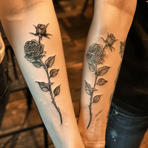 Friendship tattoos in the style of Glenn Fabry with realistic, intertwined roses