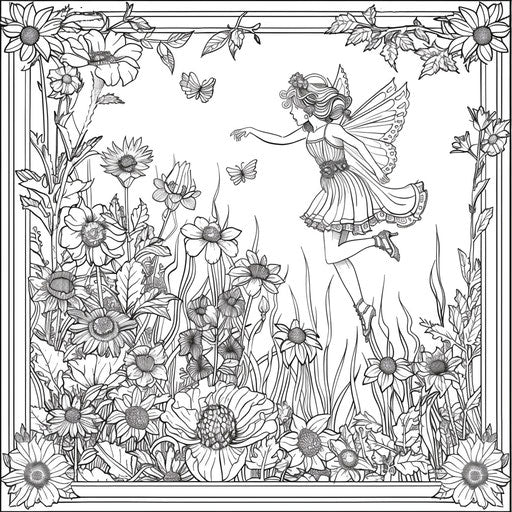 A whimsical scene of a fairy flying among the flowers in a garden.