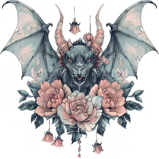 Elegant gargoyle tattoo sketch with soft pastel tones