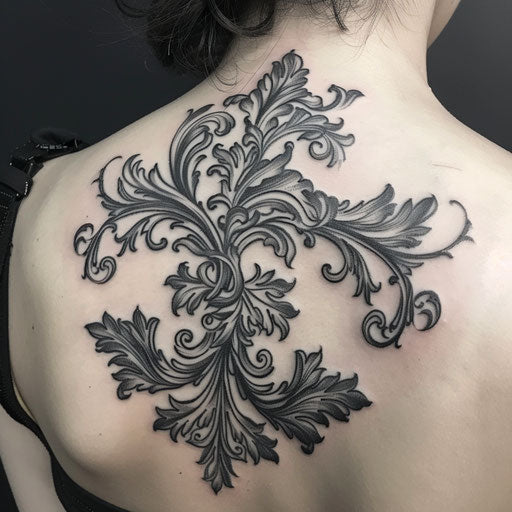 Black ornamental vine tattoo with baroque influences