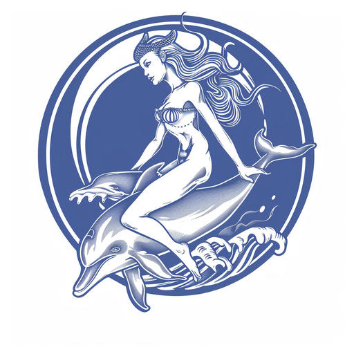 Playful flat tattoo sketch of Venus riding a dolphin
