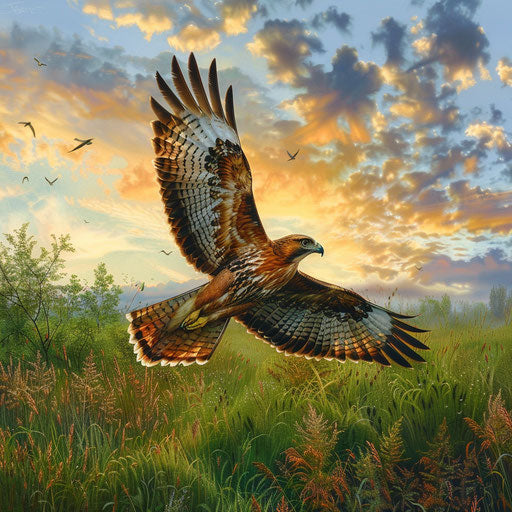 Red hawk flying over lush grassland at dawn