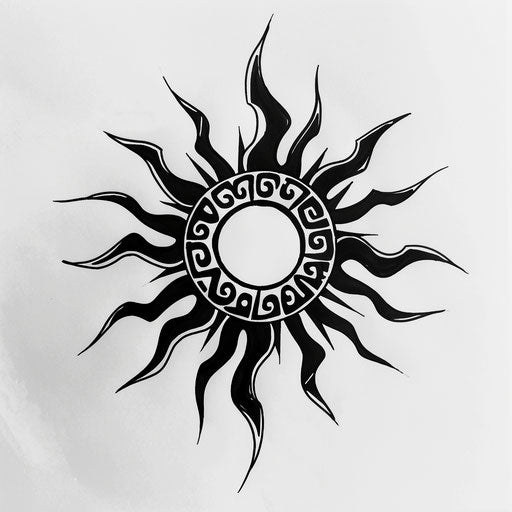 Tattoo sketch of a tribal sun with sharp rays and patterns, in clipart style, flat black ink