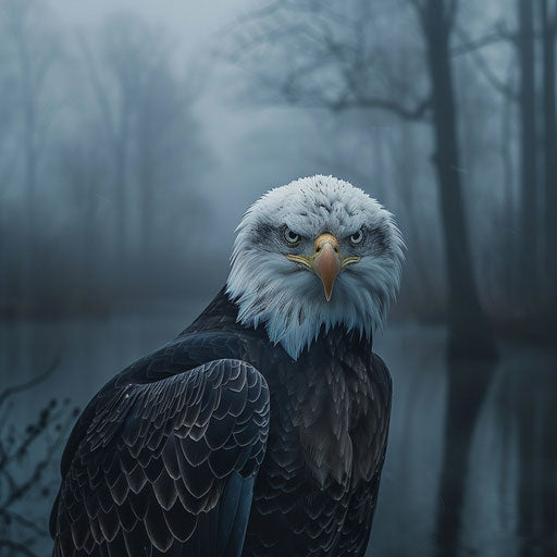 Intense gaze of a bald eagle over the foggy bayou
