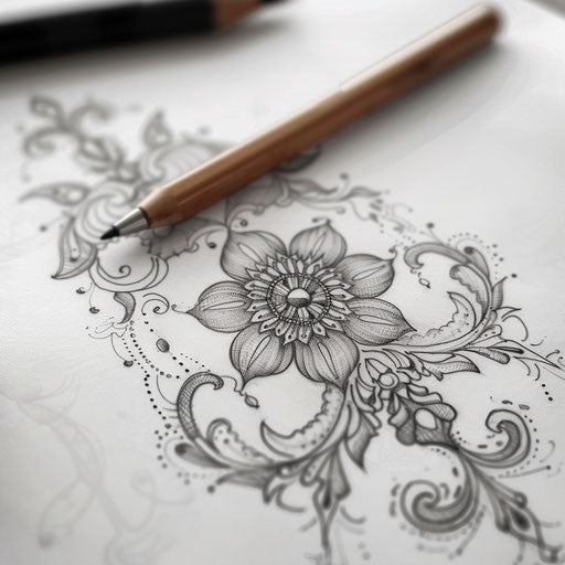 Elegant tattoo sketch of a Mehndi pattern with delicate curves and soft gradients