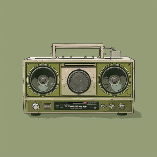 Realistic boombox clipart with muted olive background
