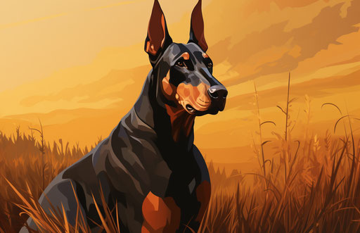 Dog sitting in a field, light orange and dark black