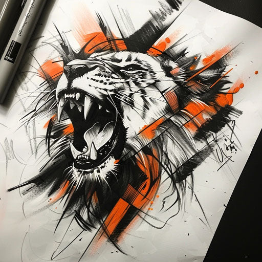 Bold sketch of a roaring lion with dynamic orange and black strokes