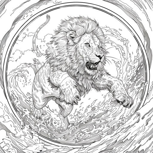 A circus lion jumping through a fiery hoop