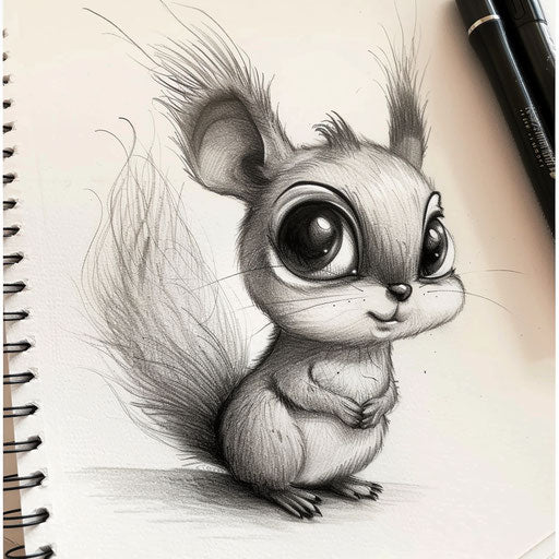 Whimsical flat tattoo sketch of a cartoonish squirrel with oversized eyes and a fluffy tail