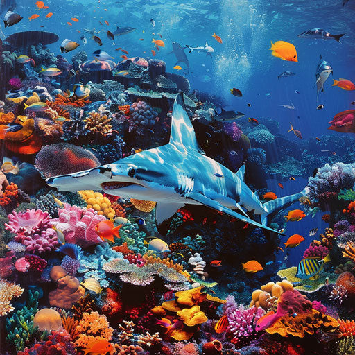 Hammerhead shark exploring vibrant coral reef with colorful fish